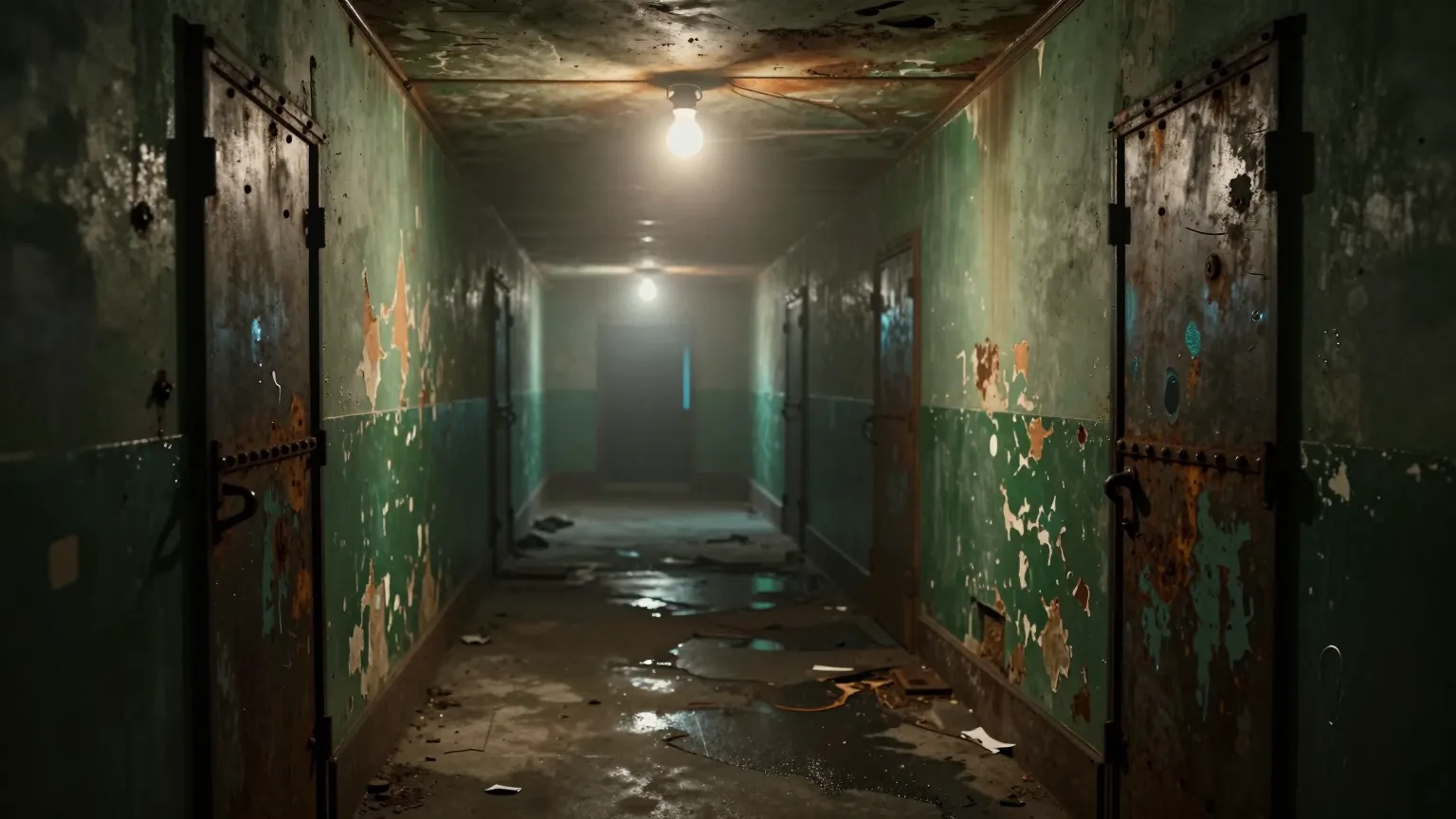 A derelict underground corridor of riveted iron doors lit by a single caged bulb